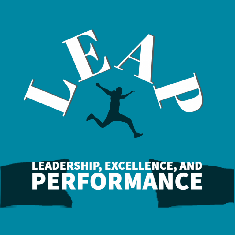 program logo with man jumping an open space between rocks